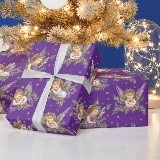 Vintage purple angels pattern wrapping paper (Holidays)
