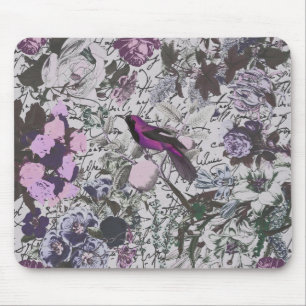 Vintage Purple Bird and Floral Print with Script Mouse Mat