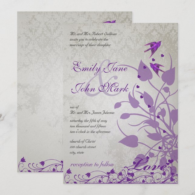 Vintage Purple Birds Hearts Wedding Invites (Front/Back)