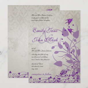 Vintage Purple Birds Hearts Wedding Invites
