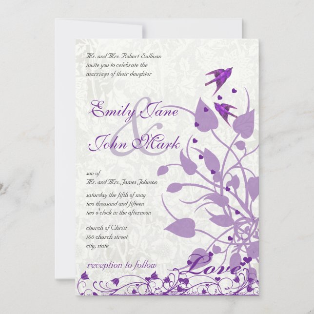 Vintage Purple Birds Hearts Wedding Invites (Front)