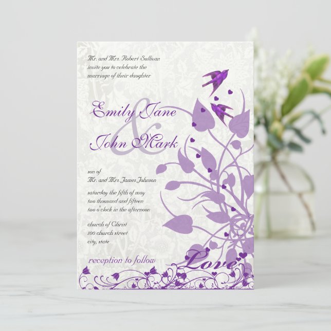 Vintage Purple Birds Hearts Wedding Invites (Standing Front)