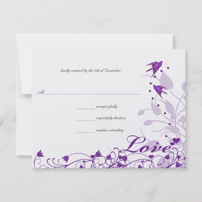Vintage Purple Birds Hearts Wedding RSVP (Front)