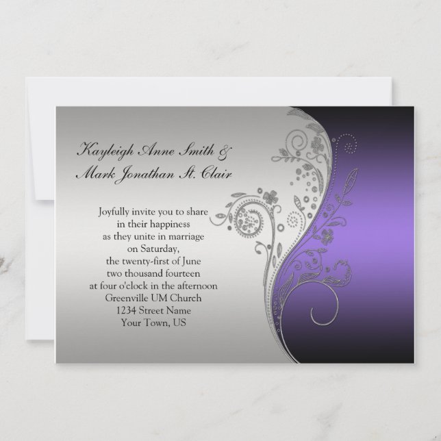 Vintage Purple Black and Silver Wedding Invitation (Front)