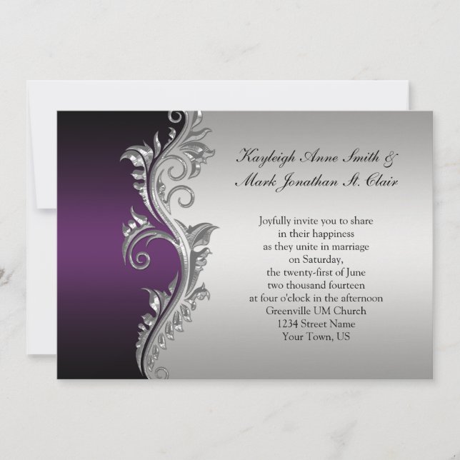 Vintage Purple Black and Silver Wedding Invitation (Front)
