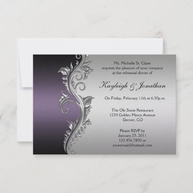 Vintage Purple Black Silver Rehearsal Dinner Invitation (Front)