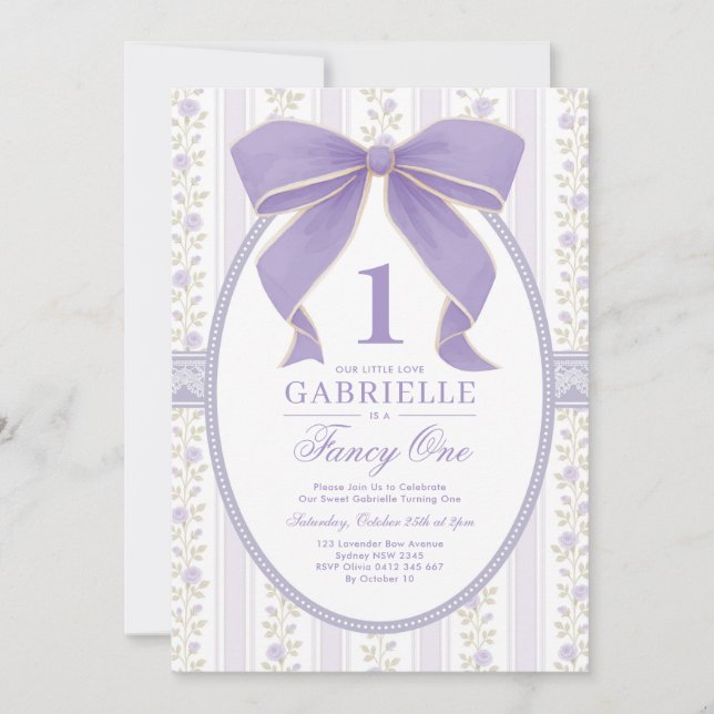 Vintage Purple Bow Fancy One 1st Birthday Invitation (Front)