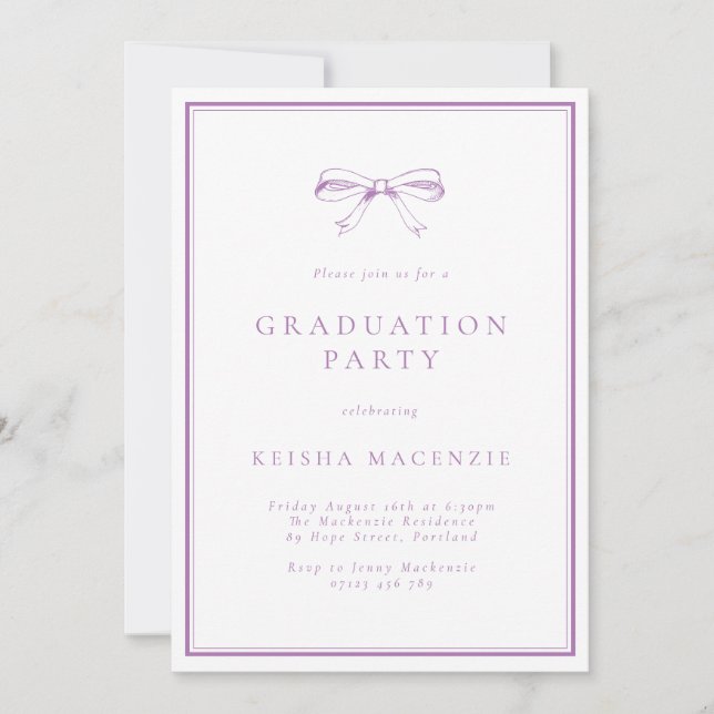  Vintage Purple Bow Photo Graduation Party Invitation (Front)