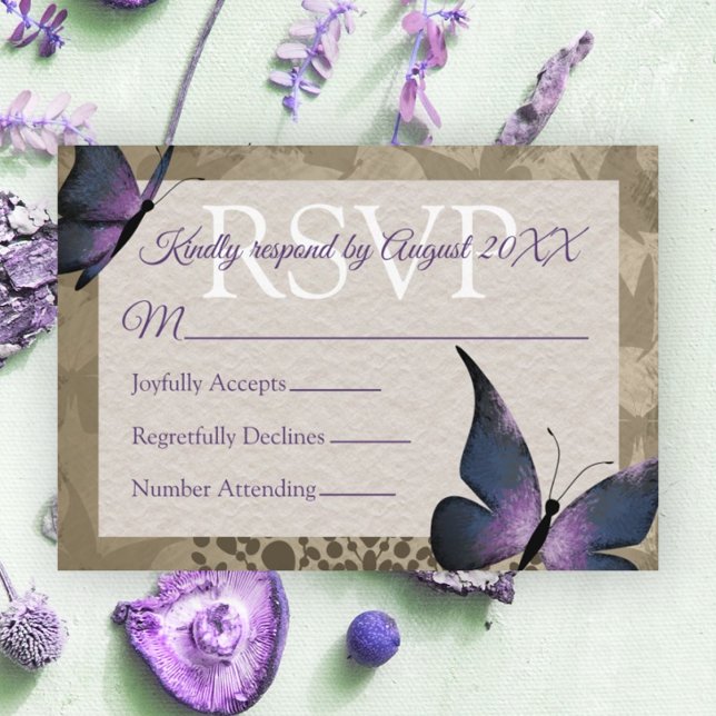 Vintage Purple Butterfly Quinceañera RSVP Card (lavender beige purple brown vintage quinceanera rsvp card enclosure information reply butterfly)