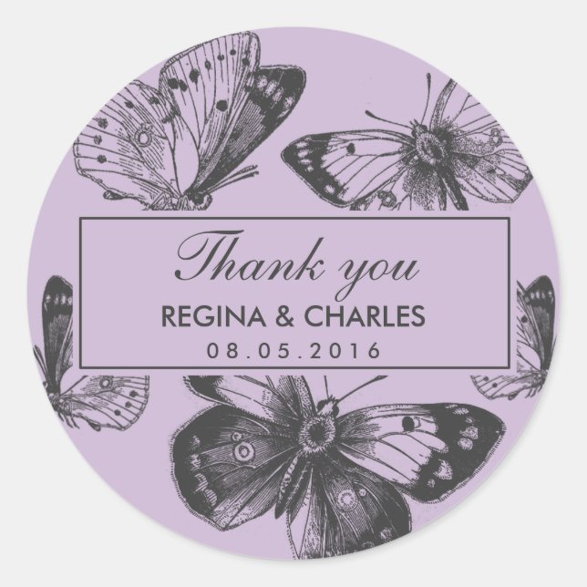 Vintage Purple Butterfly Wedding Thank You Sticker (Front)
