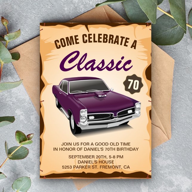 Vintage Purple Car Classic Birthday Invitation (Creator Uploaded)