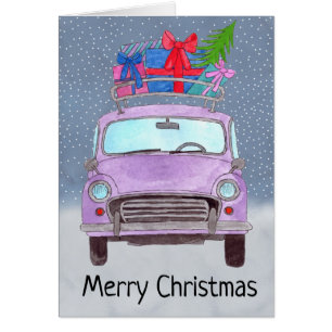 Vintage purple car with gifts