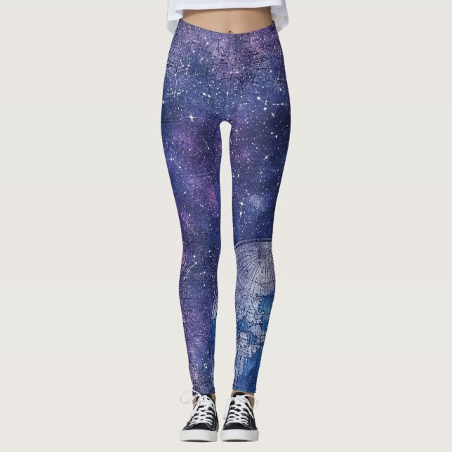 Vintage Purple Celestial World Map (12) Leggings (Front)