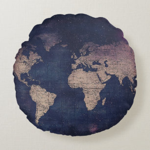 Vintage Purple Celestial World Map (5) Round Cushion