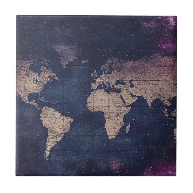 Vintage Purple Celestial World Map (5) Tile (Front)
