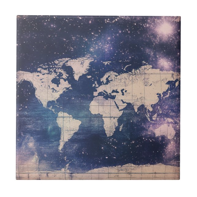 Vintage Purple Celestial World Map (8) Tile (Front)