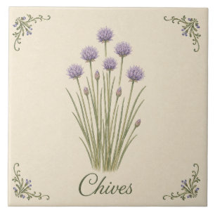Vintage Purple Chives Botanical Kitchen Herb Tile