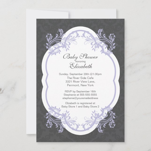 Vintage Purple Damask Girls Baby Shower Invitation (Front)