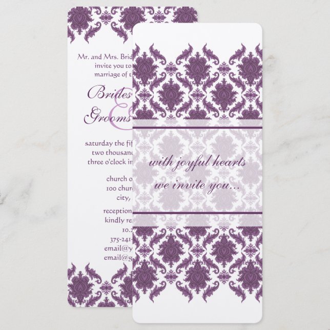 Vintage Purple Damask Wedding Invitations (Front/Back)