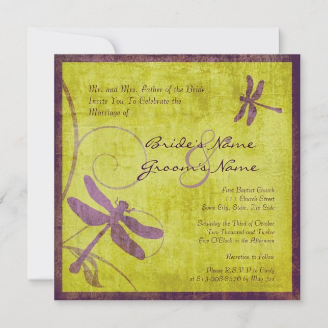 Vintage Purple Dragonfly Wedding Invitation (Front)