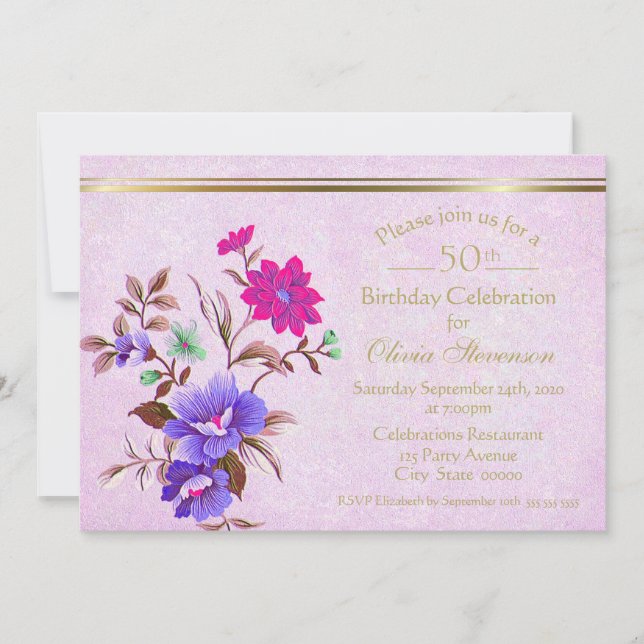 Vintage Purple Floral 50th Birthday Party Invitation (Front)