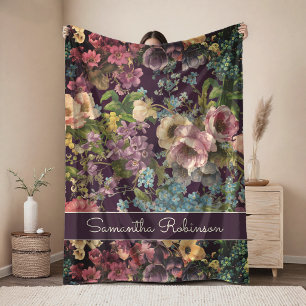 Vintage purple floral black pattern monogram fleece blanket