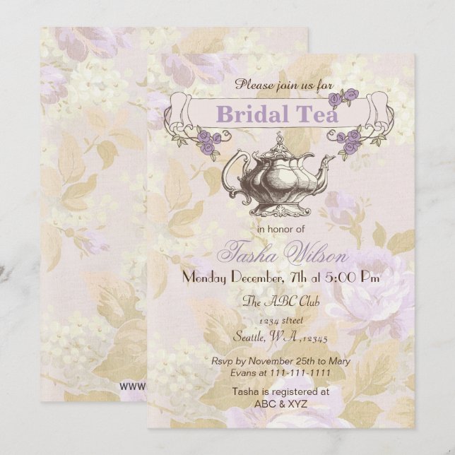 vintage purple floral Bridal Tea Party Invites (Front/Back)