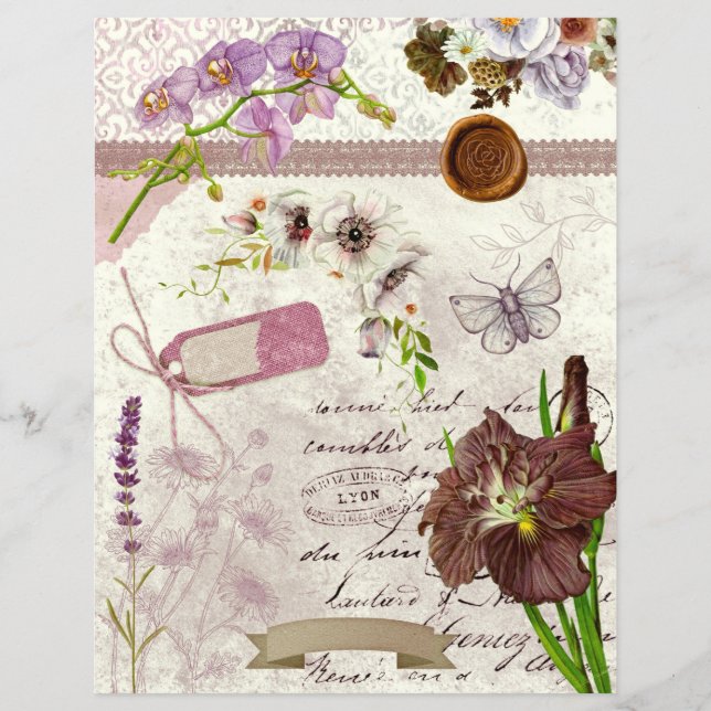 Vintage Purple Floral Collage Scrapbook Paper (Front)