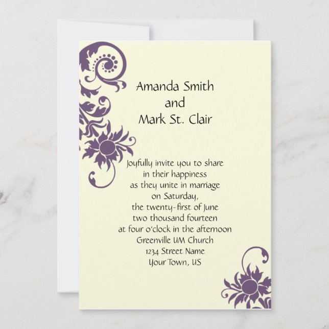 Vintage Purple Floral Elements Wedding Invitation (Front)