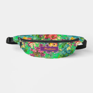 Vintage purple floral green pattern monogram bum bags