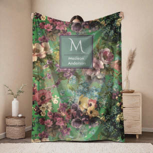 Vintage purple floral green pattern monogram fleece blanket