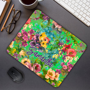 Vintage purple floral green pattern monogram mouse mat