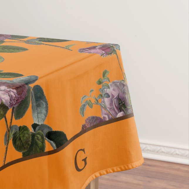 Vintage Purple Floral Orange  Monogram Tablecloth (In Situ)