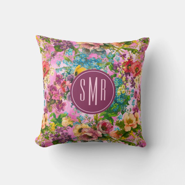 Vintage purple floral pink pattern monogram cushion (Front)