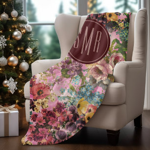 Vintage purple floral pink pattern monogram fleece blanket