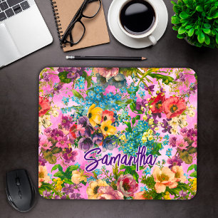Vintage purple floral pink pattern monogram mouse mat