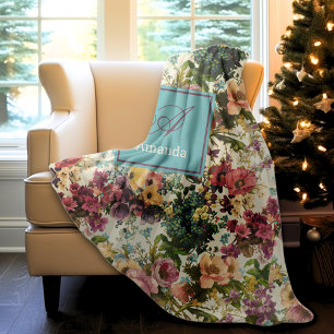 Vintage purple floral white pattern monogram fleece blanket