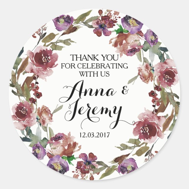Vintage Purple Floral Wreath Wedding Sticker (Front)
