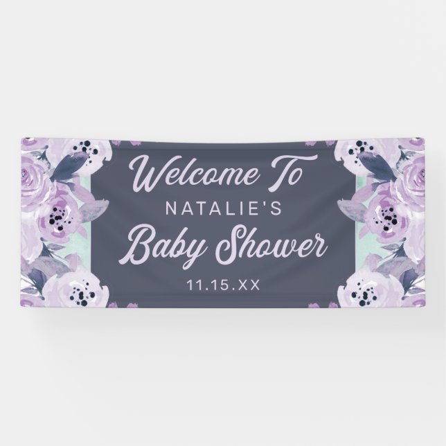 Vintage Purple Flowers Baby Girl Shower Welcome Banner (Horizontal)