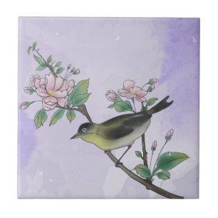 Vintage Purple Flowers & Birds Naturalist Painting Tile