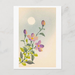 Vintage Purple Flowers in Moonlight Japanese Postcard