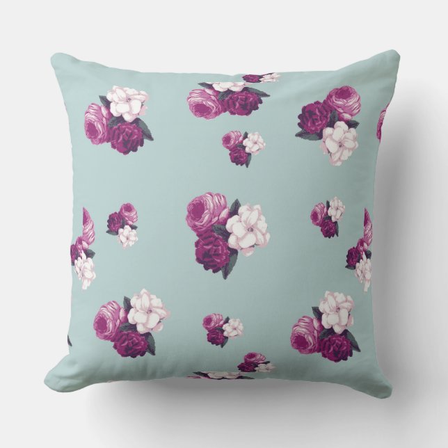 Vintage Purple Flowers on Light Blue Throw Pillow (Front)
