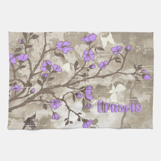 Vintage purple flowers taupe grunge custom tea towel (Horizontal)