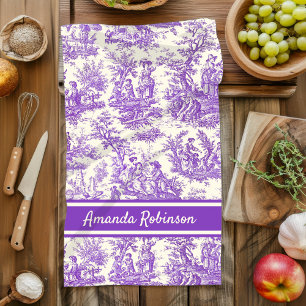 Vintage Purple French Country Toile de Jouy Tea Towel