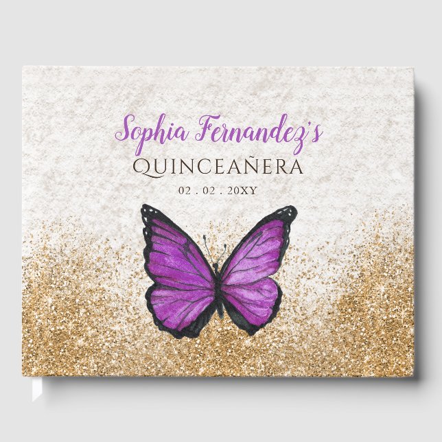 Vintage Purple Gold Butterfly Quinceañera   Guest Book (Front)