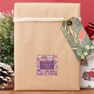 Vintage Purple Gold Coral Floral 90th Birthday Square Sticker