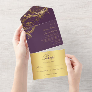 Vintage Purple Gold Damask Calligraphy Wedding All In One Invitation