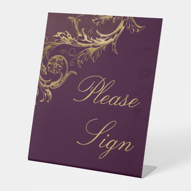 Vintage Purple Gold Damask Please Sign Wedding (Front)