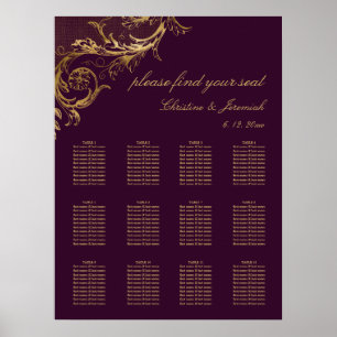 Vintage Purple Gold Damask Wedding Seating Poster