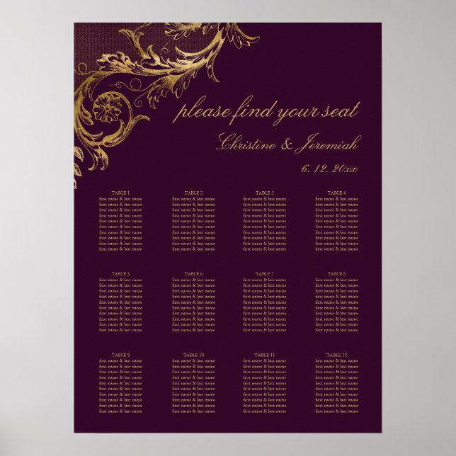 Vintage Purple Gold Damask Wedding Seating Poster (Front)